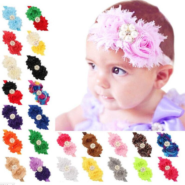 Newborn Baby Headbands Big flowers Infants Elastic Chiffon Bands Shabby Fabric Hairbands Girls Kids Rhinestone hair accessories KHA97