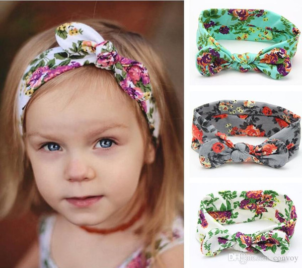 2017 New Baby Girls Floral Cotton Headbands Bow Flower print Hairbands Kids Bunny Ear Turban Knot Headwear Elastic Hair Accessories KHA314