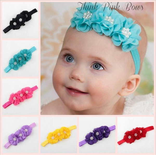 Newborn Baby Girls headbands Chiffon Flowers Rhinestone Hair Accessories kids Children Elastic pearl Hairbands Princess Headwear KHA337