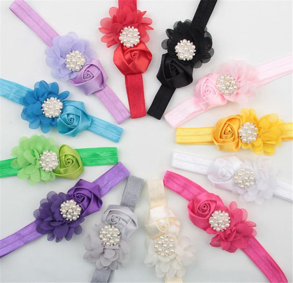 12 Color Baby Headbands Chiffon Flowers Girls Rhinestone Hair Wearing Kids satin rosette Hairbands Children boutique hair accessories KHA294