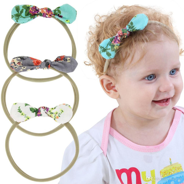 New Baby Headbands Bunny Ear Elastic Flower Headband Children Kids Hair Accessories Floral Hairbands Baby Girls Nylon Bow Headwear KHA349