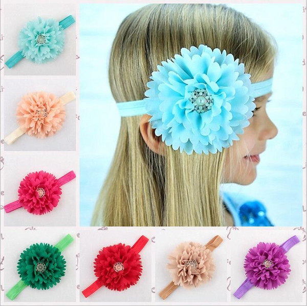 16 Colors Newborn Baby Headbands Big Flower Rhinestone Hairbands Children Kids Hair Accessories Headdress Chiffon Bow Head Bands KHA334