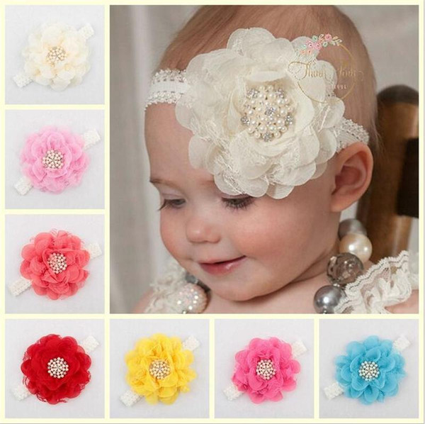 Newborn Baby Headbands Big Flowers Lace Chiffon Headdress Girls Kids Rhinestone Headwear Children Hair Accessories Pearl Hairbands KHA331