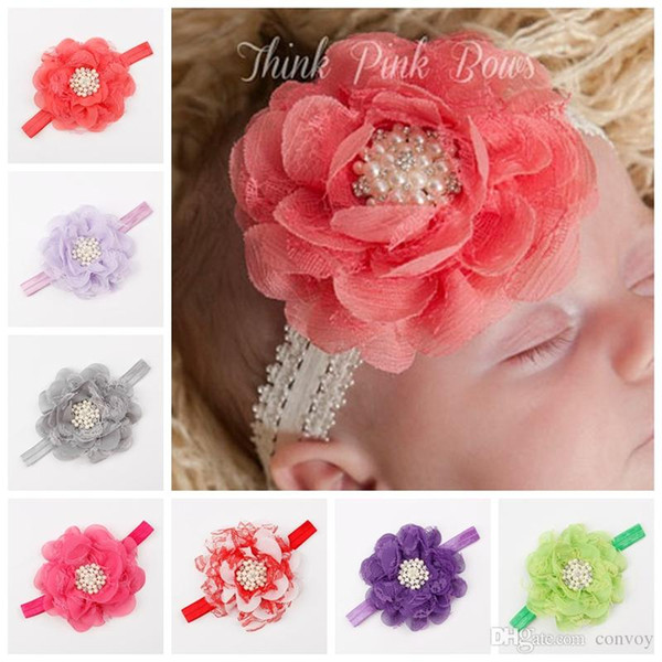 Baby Girls Headbands Big Flowers Kids Lace Chiffon Rhinestone Pearl Head bands Children Elastic Hairbands Hair Accessories Headwear KHA83