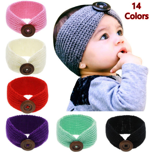 New Baby Girls Fashion Wool Crochet Headband Knit Hairband With Button Decor Winter Newborn Infant Ear Warmer Head Headwrap 14 Colors KHA01