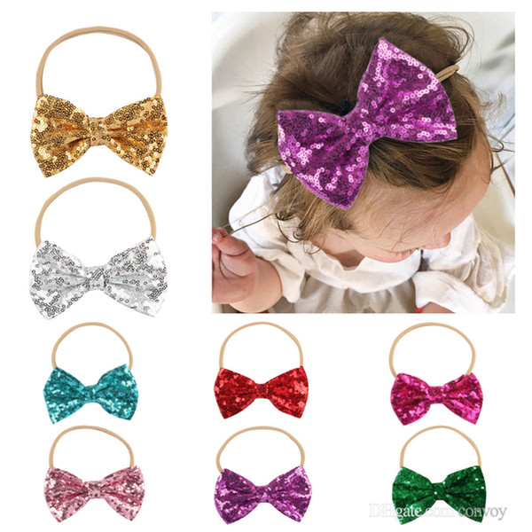 Baby sequin headbands shiny bow nylon hairbands kids girls bowknot headwear children hair accessories christmas wear KHA353