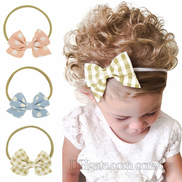 Baby Girls Headbands Bow Cotton Jute Polka Dot Grid Headband Children Kids Hair Accessories Girls Nylon Bowknot Hairbands Headwear KHA520