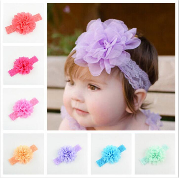 19 colors Baby Girls Lace Headbands Infant big Chiffon Flower hair band headwear Children Hair Accessories Kids Elastic Headbands KHA347