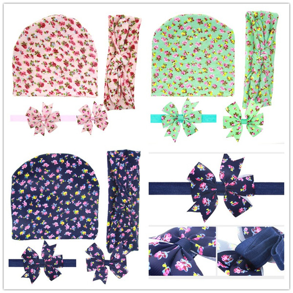 4pcs Baby Hats+ Bunny Headbands +Elastic Headband+Hair Clips Set Girls Cotton Floral Bow Hairbands Kids Flower Hair Accessories KHA565