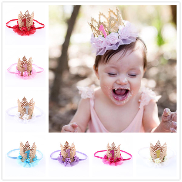 Baby Birthday Crown headbands Kids Elastic Flower Headband Tiara Hairbands girls Children Hair Accessories Princess Party Headdress KHA281