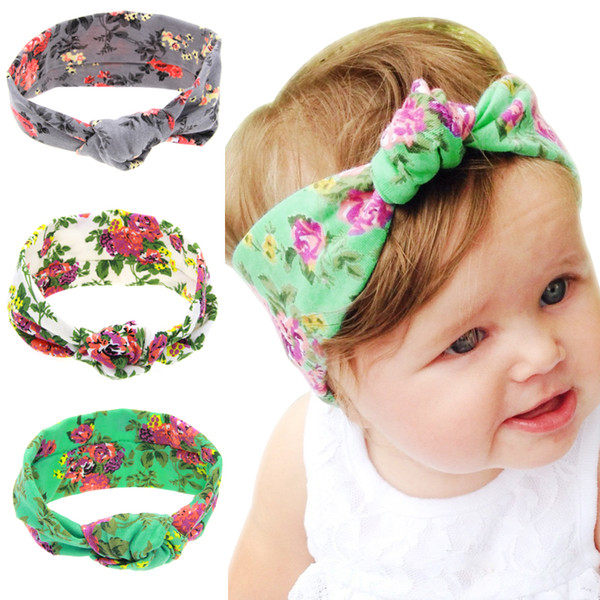 Hot Sale Baby Headbands Accessories Turban Knot Bunny Ear Headbands Floral Print Hairbands Kids Newborn Elastic Cotton Bohemia Bows KHA54