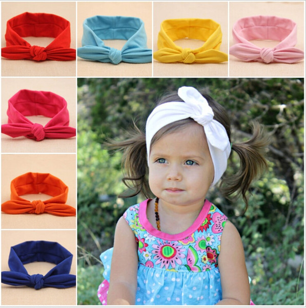 Fashion Baby Girls Kids Rabbit Ear Solid Cotton Headbands Bow Headwrap Bunny Ear Hairband Children Hair Accessories Headwear 10 Color KHA242