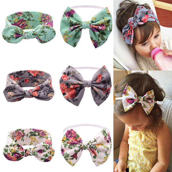 Baby Headbands Big Bow Girls Cotton Bunny ear Printed Headbands Infant Fine band Floral Elastic Headwear Children Hair Accessories KHA102