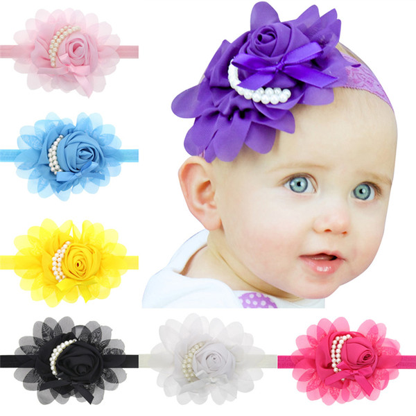 Newborn Baby Headbands Flowers Pearls Kids Girls Elastic Chiffon Hairband Children Princess Headwear hair accessories girl head piece KHA185