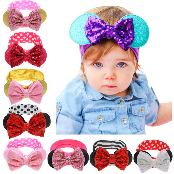 Newest Baby Girls Big Paillette Bow Headbands Kids Christmas Stripe Poka Dot Head bands Sequins Bowknot Bunny Ear Hair Accessories KHA181