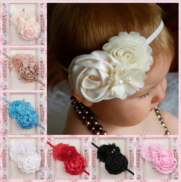 Baby Headbands Flowers Chiffon Rose Headband Kids Rhinestone Elastic Hairbands Girls Princess Headdress Children Hair Accessories KHA140