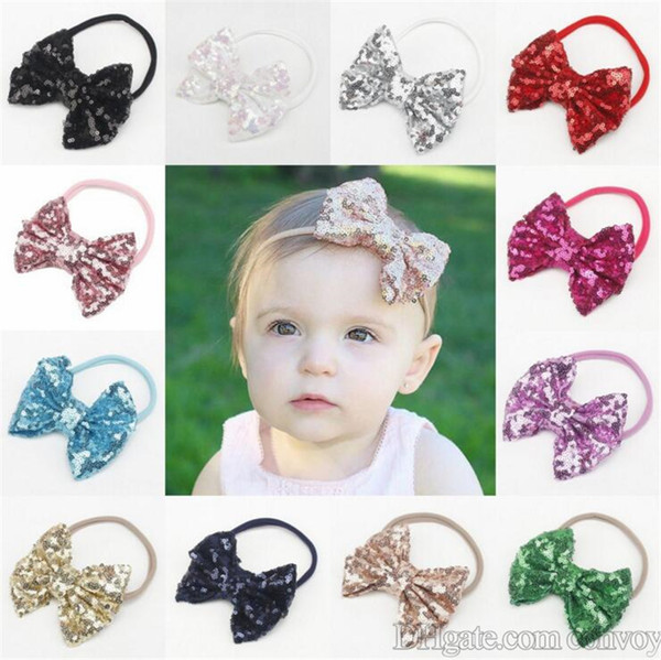 Baby Girls Nylon Headbands Hair Accessories Baby Sequined Big Bow Headbands paillette Headdress Infant Toddler Princess Headwear KHA369