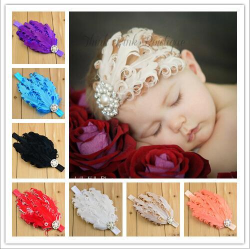 Fashion Baby girls feather Pearl Rhinestone headbands Childrens hair accessories Ornament Princess hairbands Kids headwear 15 Colors KHA467