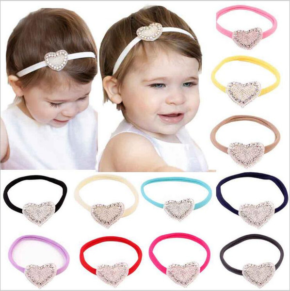 Baby Headbands Shiny Rhinestone Girls Kids Hand made Elastic Heart Shape Hairband Party Wear ChildrenHair Accessories KHA143