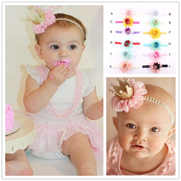 12 Colors Baby Headbands Flower Pearl Crown Headbands For Girls Infant Cute Kids Chiffon Headwrap Children Party Hair Accessories KHA432