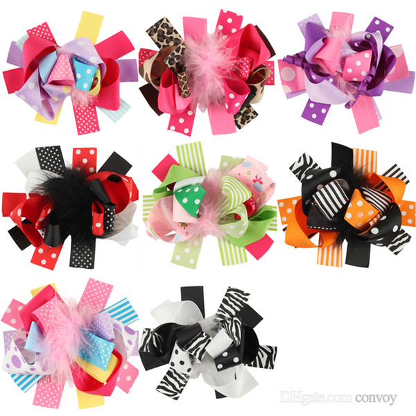 Baby Girls Boutique Feather Hair Bows Hair Pins Solid Grosgrain Ribbon Bow With Clip Children Kids layered Bow Hair Accessories KFJ116