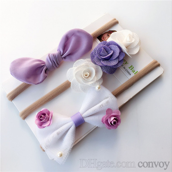 3PCS SET baby headbands bowknot ribbon nylon hairbands kids girls bunny bow children turbon twisted knot headwear headdress set KHA427