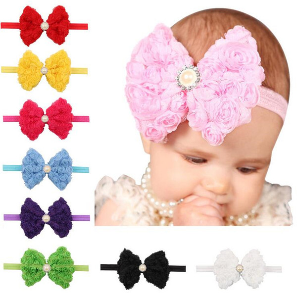 Fashion baby girls Bow headbands Rhinestone bowknot headband Kids Flower Chiffon headbands Handmade baby Accessories 12colors 12*10cm KHA110