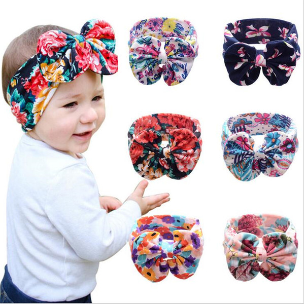 2016 New Baby Girls Floral Headbands Big Bows Kids Newborn Big Wide Bowknot Head bands Children Cotton Hair Accessories Headdress KHA395