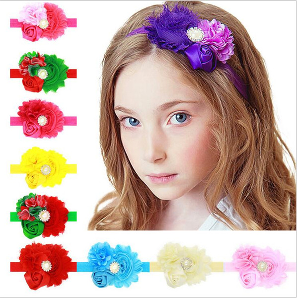 16 Colors Newborn Baby Headbands Big Flowers Rose Bud Kids Girls Photo Props Satin Rhinestone Lace Hairband Children Hair Accessories KHA282