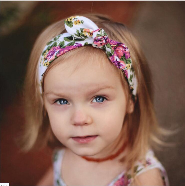 2017 New Baby Girls Floral Cotton Headbands Bow Flower print Hairbands Kids Bunny Ear Turban Knot Headwear Elastic Hair Accessories KHA314