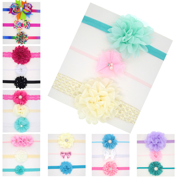 Baby Girls Headbands Set=3pcs Flower chiffon bow lace headbands Kids Elastic Pearl Hairbands Children Bowknot Hair Accessories KHA98