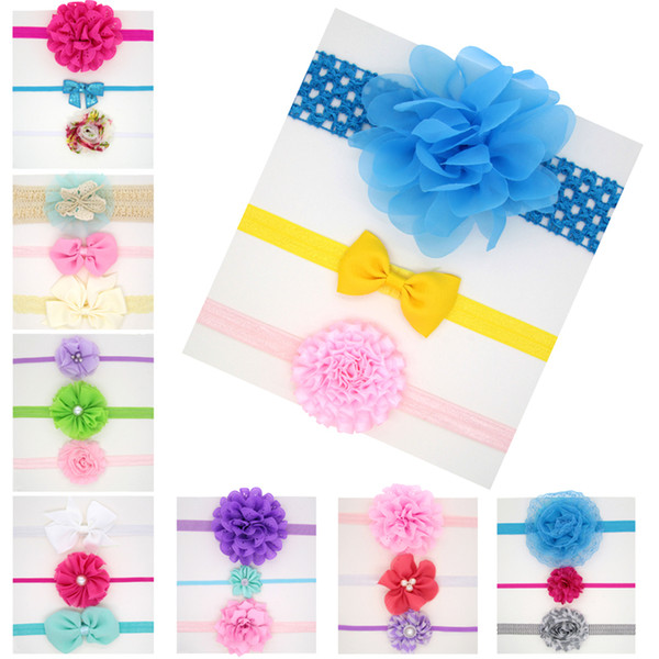 Baby Girls Headbands 3pcs set Kids Flower chiffon bow lace headbands Infant Elastic Pearl Hairbands Children Bow Hair Accessories KHA586