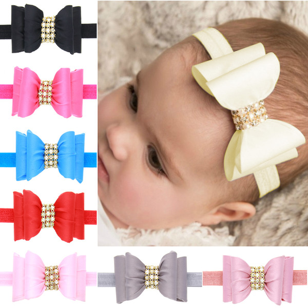 Fashion Baby Girls Bowknot Rhinestone Headbands Satin Bows Hairbands Kids Princess Elastic Headdress Hair Accessories 15 Colors KHA285