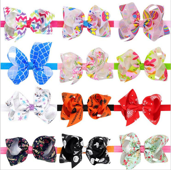 Baby Girls Headbands Bows Kids Floral Plaid Grosgrain Ribbon Headbands Girls Xmas Bowknot Hairbands Children Striped Hair Accessories KHA384