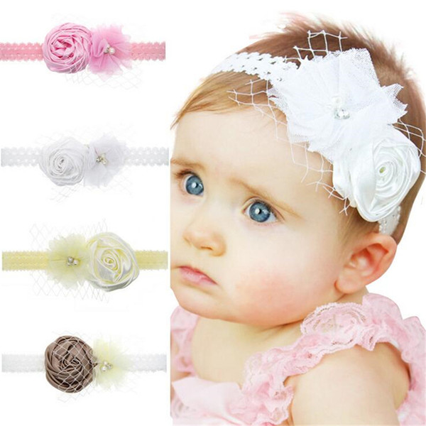 Baby Infants Lace Rose Headbands For Baby Girls Kids Satin Fabric Hairbands Rhinestone Pearl Head Bands Children hair accessories KHA101