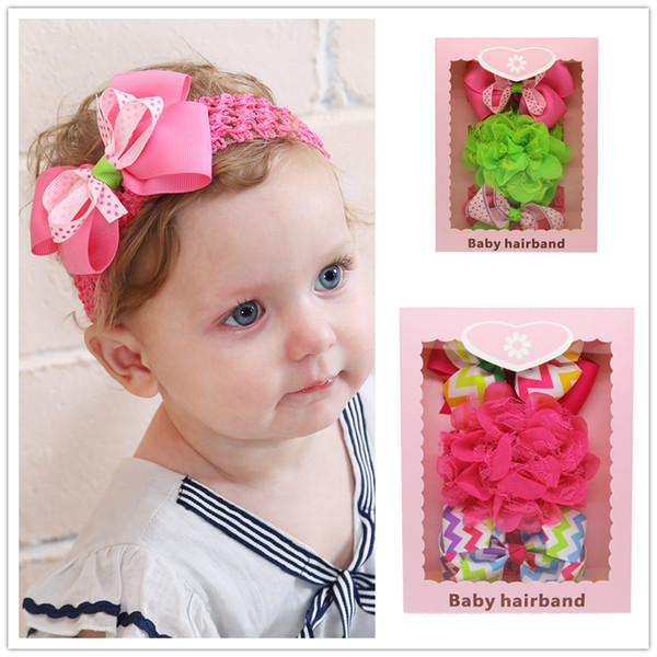 Baby Headbands Bow Lace Flower Headbands 3pcs Set with Gift Box Girls Grosgrain Ribbon Bow Headbands Boutique Kids Hair Accessories KHA424