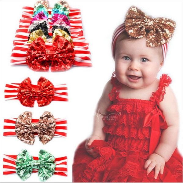 New Baby girls headbands Big Bows Kids sequined bowknot Hairbands Children Striped cotton headbands Hair Accessories Chirstmas Gift KHA278