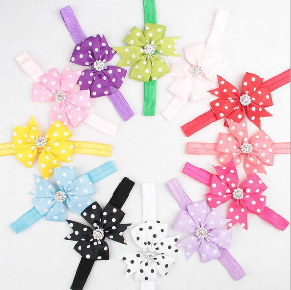 Fashion Baby Infant Grosgrain Ribbon Bowknot Headbands Kids Polka Dot Bow Hairbands Children Rhinestone Hair Accessories 24Colors KHA508