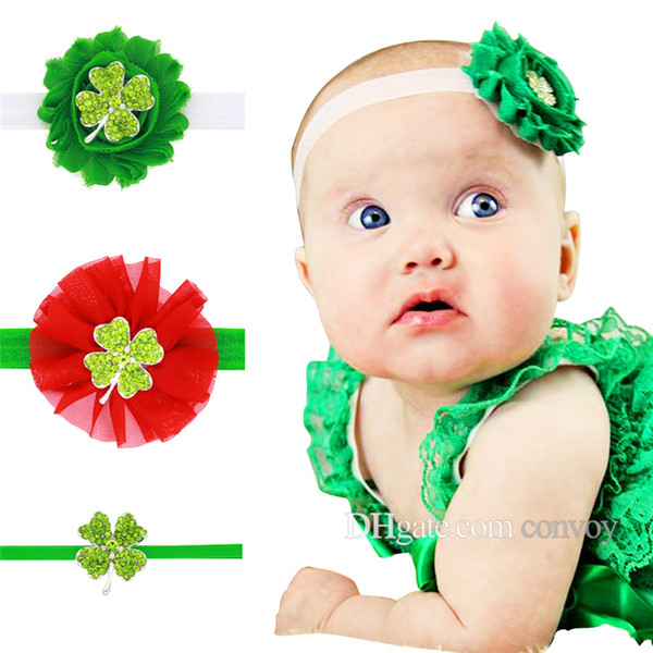 Baby Headbands Flower 3pcs Set Girls Elastic Four-Leaf Clover Shabby Fabric Hairbands Kids Rhinestone Boutique Hair Accessories KHA570