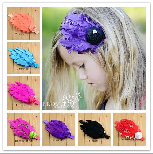 New Baby girls feather Headbands Hand made Rose pearl feather Ornaments hairbands Kids headwear Children hair accessories 15 colors KHA33