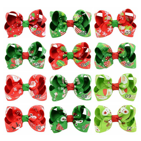 12pcs 3 inch Christmas Grosgrain Ribbon beautiful Bows WITH Clip Snow Pinwheel Hair Clips Hair Pin Accessories HD756