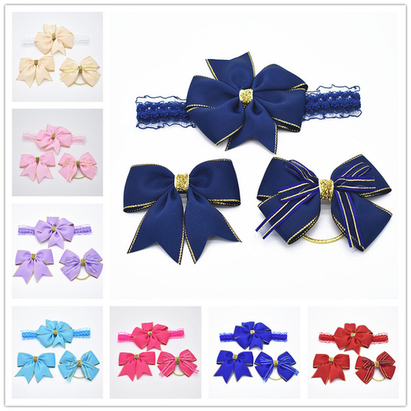 14sets navy color ribbon hair bows clips elastic head bands suit Aureate bowknot headwear Bud silk hair bands hair accessories HD001