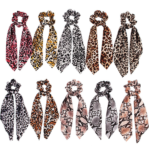 Women Girl Elastic Hairbands Scrunchie Streamer Accessories Scrunchies leopard print Chiffon Turban Ponytail Holder Hair Ties 20pcs F506B