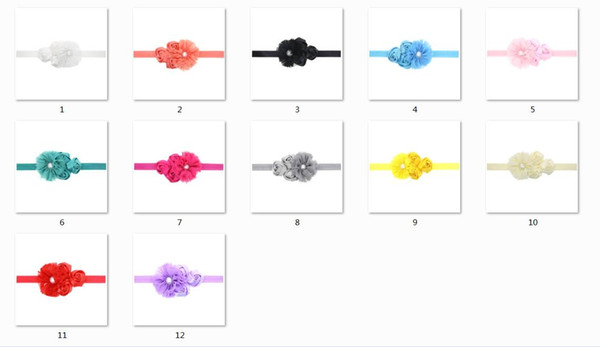 12pcs Chiffon pearl flower.rose Head Bands Baby beautiful Flower Elastic Newborn Children's Hair Bands Hair Accessories Headwear H035