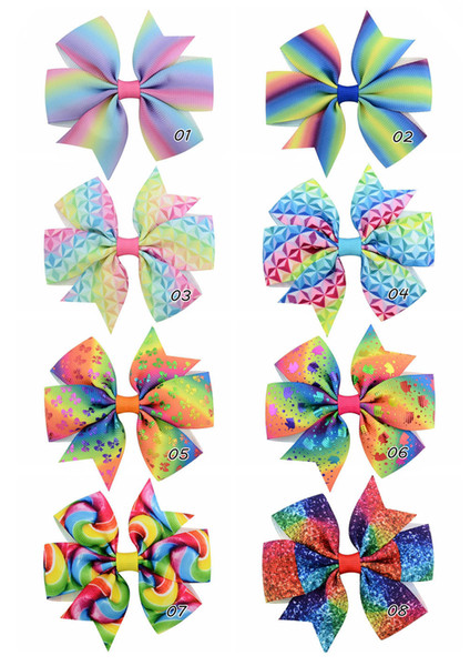 Gradient Rainbow Bowknot Unicorn Print Grosgrain Ribbon Bows Clips Hairpin Bling Headware Kids Hair Accessories HD853