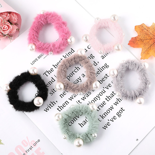 Scrunchie Stretch Headband Scrunchies Women Girls Elastic Faux Fur Pearl Hair Bands Accessories Hair Tie Ring Headdress 20pcs 1023A