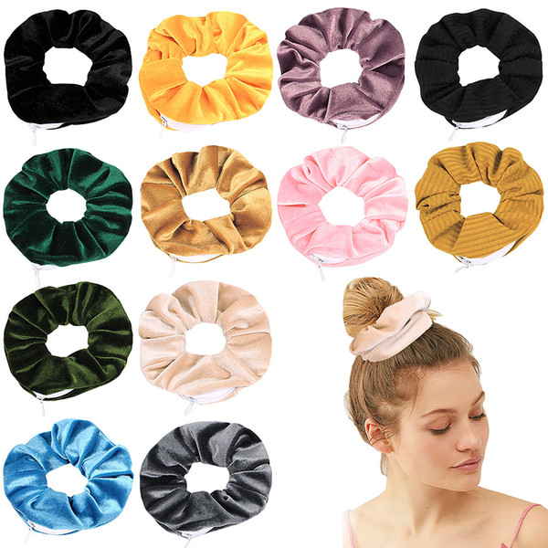 Velvet Hair Scrunchies Zipper Women Scrunchy Elastic Hair Bands Girls velour Headwear Ponytail Holder Pleuche Hair Ties Small Bag 0925a