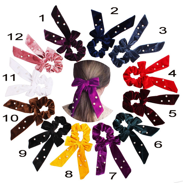 Velvet Scrunchie Women Girls Elastic Hair Rubber Bands pearl Bows Accessories Gum For Women Tie Hair Ring Rope Ponytail Holder 50pcs F507A