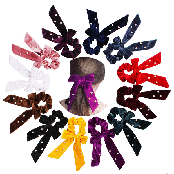 Velvet Scrunchie Women Girls Elastic Hair Rubber Bands pearl Bows Accessories Gum For Women Tie Hair Ring Rope Ponytail Holder F507A