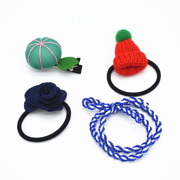 6pcs Ribbon Bowknot Hair Ropes Rubber Band Cute hat flower clip Hair Ties Bow Elastic Girls Hair Accessories HD122